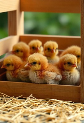 A group of chicks huddle together in a crate
