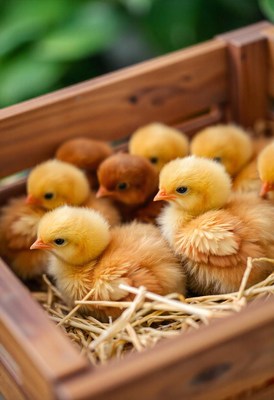 A group of chicks huddle together in a wooden crate