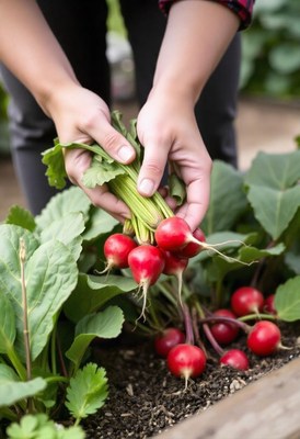Hands harvest red radishes from a garden bed