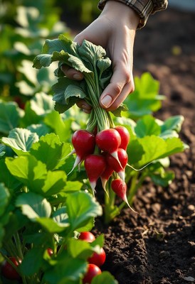 A hand picks a bunch of fresh radishes from a garden