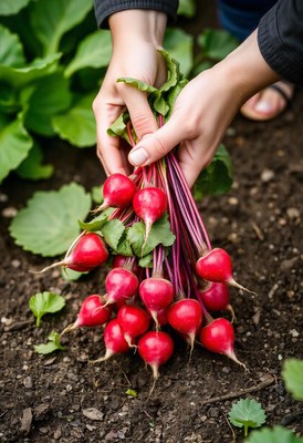 A fresh bunch of radishes sits on the ground in a garden