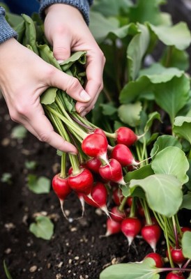A hand harvests a bunch of fresh radishes from a garden