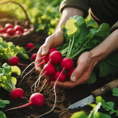 A farmer harvests fresh radishes from the garden