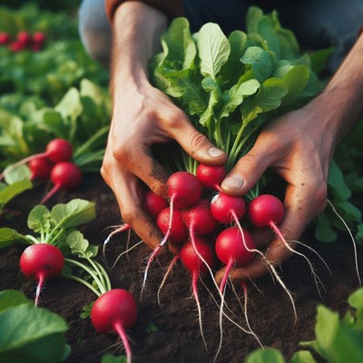 A farmer harvests fresh radishes from the garden