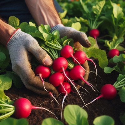 A farmer harvests fresh radishes from the garden