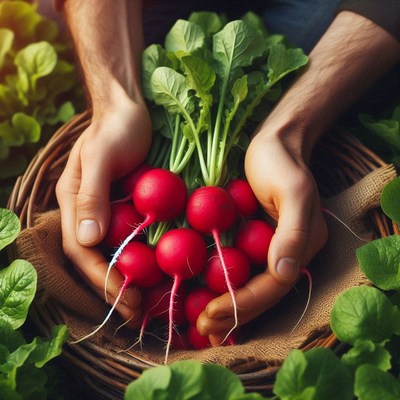 Hands hold fresh radishes in a garden
