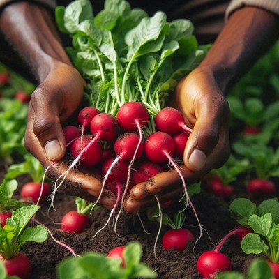 Hands holding fresh radishes in a garden