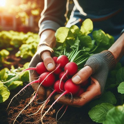 A farmer harvests fresh radishes from the garden