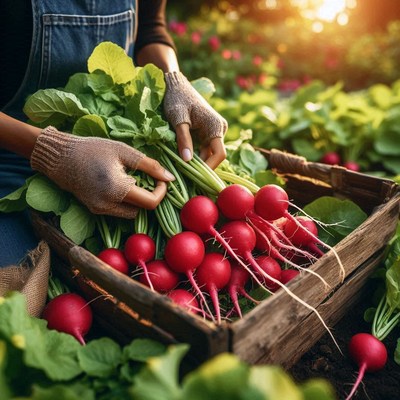 A farmer harvests fresh radishes in a garden