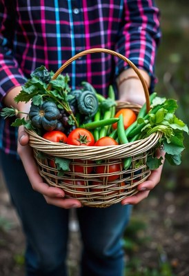 A person holds a basket of fresh garden produce