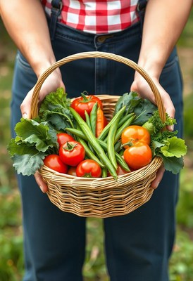 A person holds a basket of fresh tomatoes and green beans