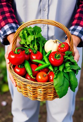 A basket full of fresh tomatoes, peppers, and greens