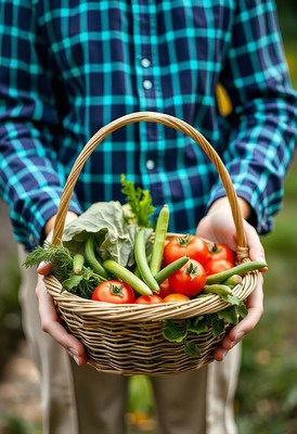 A person holds a basket of fresh tomatoes, beans, and greens