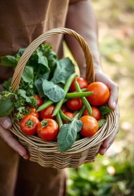 Freshly picked tomatoes and green beans in a basket