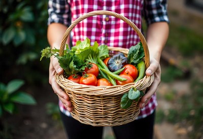 A person holds a basket of fresh vegetables