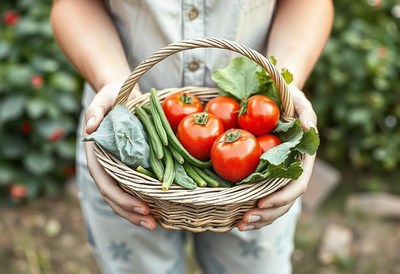 A person holds a basket of fresh tomatoes and green beans