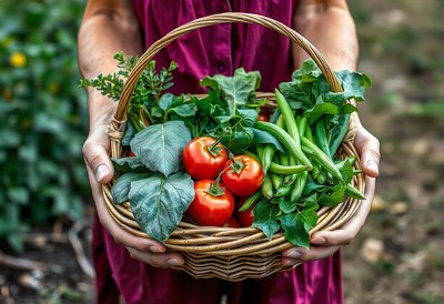 A person holds a basket of fresh tomatoes and beans