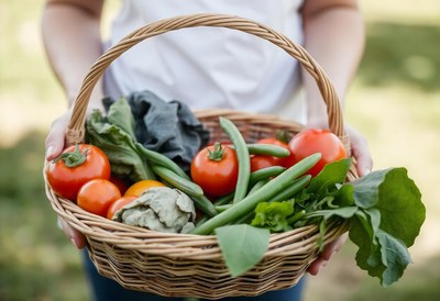A person holds a basket of fresh vegetables