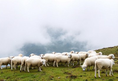 A flock of sheep grazes in a grassy field