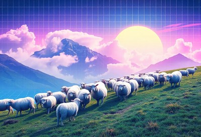 Sheep graze on a grassy hillside under a bright sun