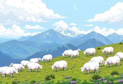 Sheep graze peacefully on a mountainside