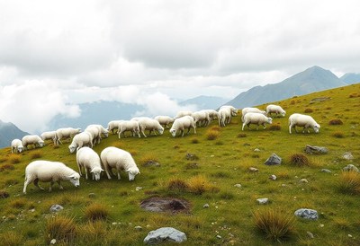 A flock of sheep grazes on a green hillside
