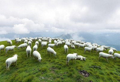 A flock of sheep grazes on a green mountainside