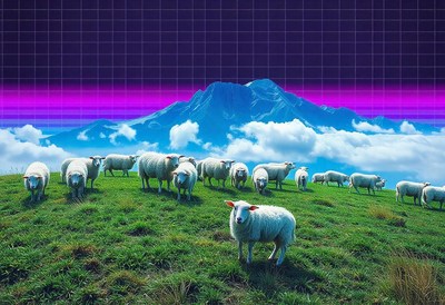 White sheep graze on a grassy hillside