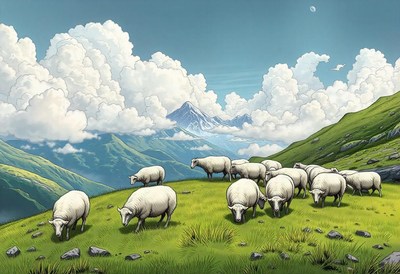 Sheep graze in a mountain meadow under a cloudy sky