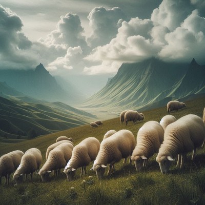 Sheep graze in a mountainous valley