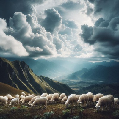 Sheep graze on a mountainside under dramatic clouds