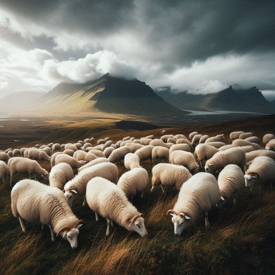 Sheep graze in an icelandic field with mountains
