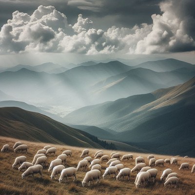 A flock of sheep graze on a hillside in the mountains