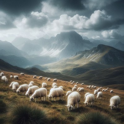 A flock of sheep graze in a mountain valley