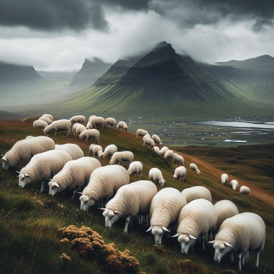 A flock of sheep graze on a grassy hillside in iceland