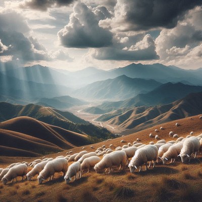 A flock of sheep graze in a valley, surrounded by mountains