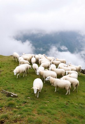 A flock of sheep graze on a grassy hillside above the clouds