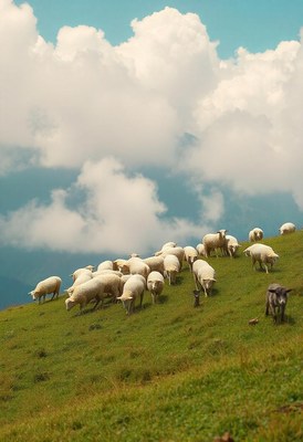 A flock of sheep graze on a grassy hill