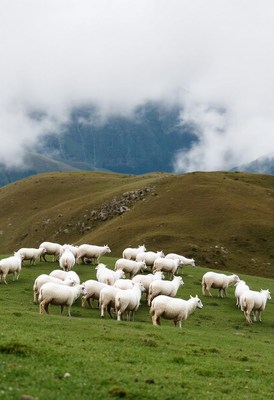 A flock of sheep grazes on a grassy hillside in new zealand