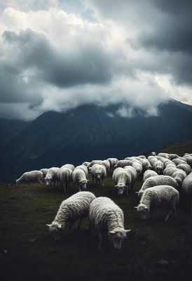 A flock of sheep graze in the mountains under a cloudy sky