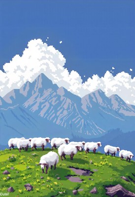 Sheep graze in a field with mountains in the background