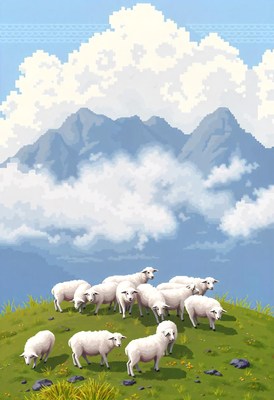 Sheep graze on a hill near mountains