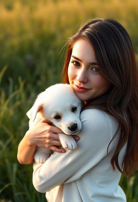 A young woman holds a white puppy in a field
