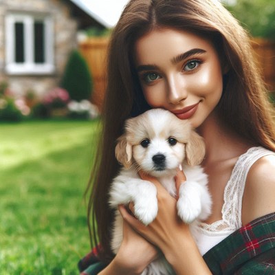 Woman smiles with puppy in a grassy yard