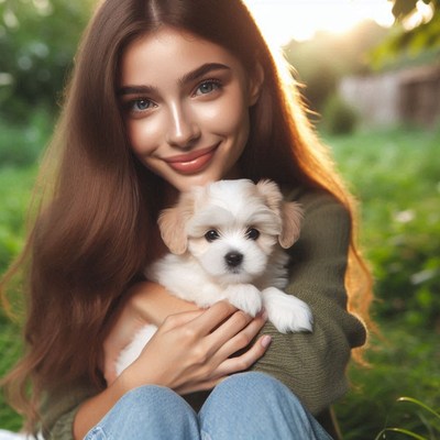 A woman smiles while holding a small white puppy in a park
