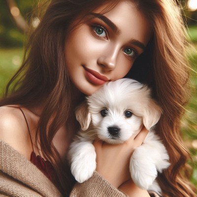 A woman holds a small, white puppy in her arms