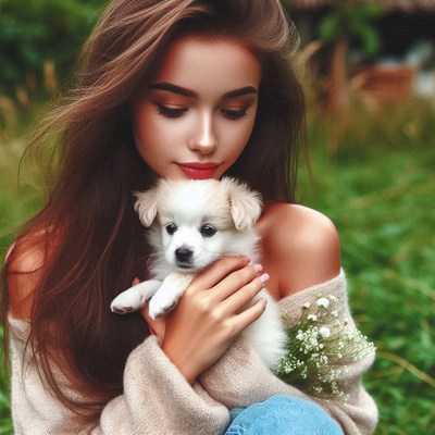 A young woman holds a small, white puppy in her arms