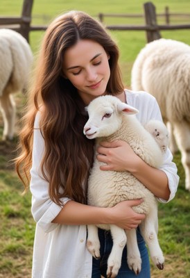 A woman holds a small lamb in a grassy field