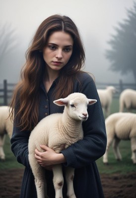 A woman holds a lamb in a foggy field