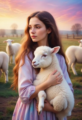 A woman holds a white lamb in a field with other sheep